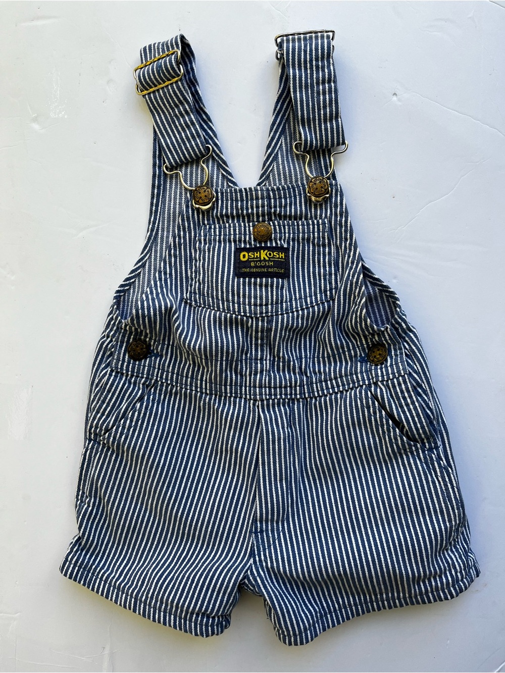 90s Vintage denim OshKosh Striped short overalls  - Blue & White 3t